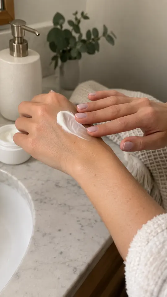 Illustration: hands smoothing a cream texture on the back of a hand