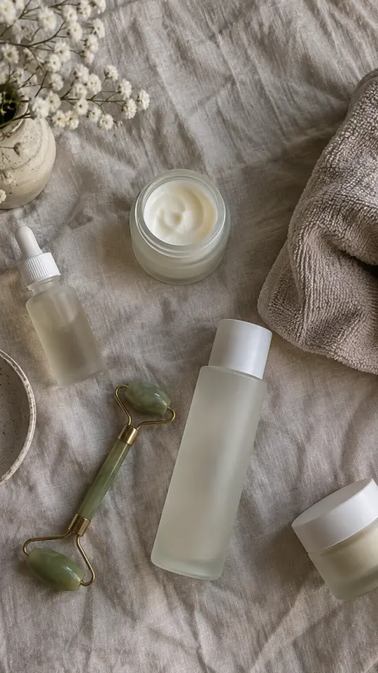 Illustration: a flat lay of skincare bottles and a jade roller on linen