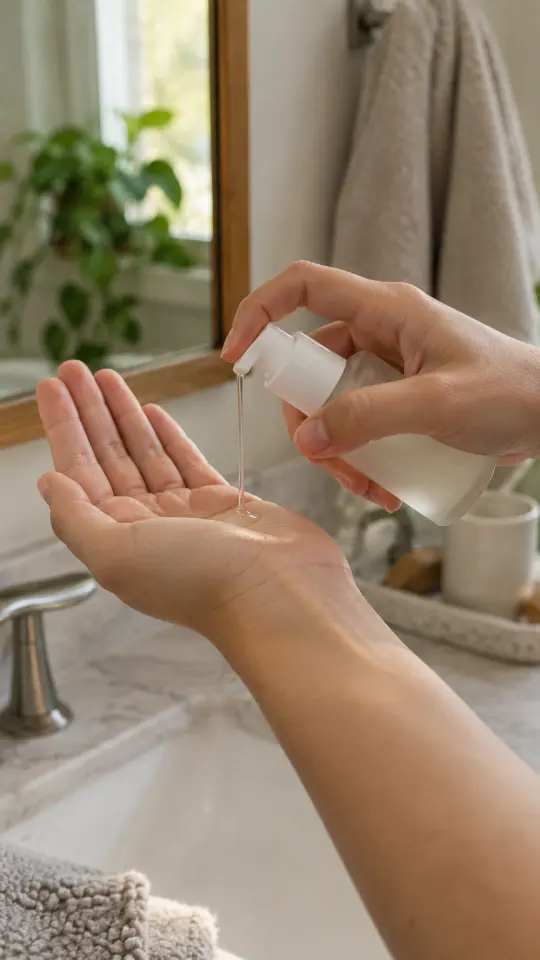 Illustration: a hand pumping serum into a palm by a window
