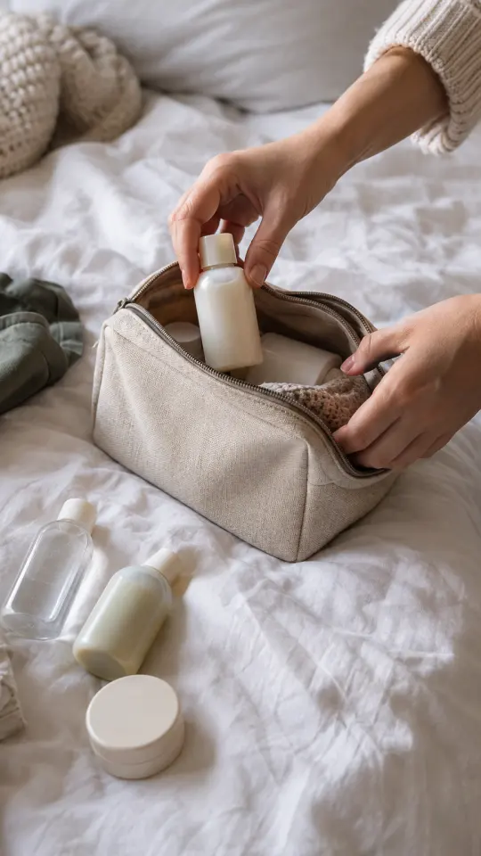 Illustration: a travel pouch being packed with mini bottles