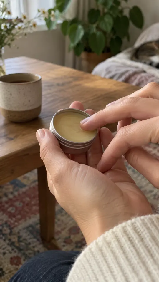 Illustration: fingertips dabbing a lip balm tin