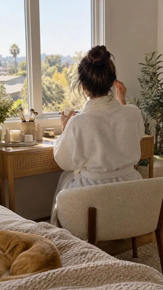 Illustration: a person in a bathrobe at a sunlit vanity, seen from behind