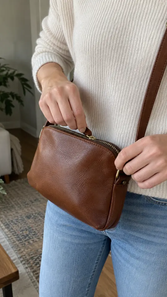 Illustration: hands zipping a leather crossbody bag