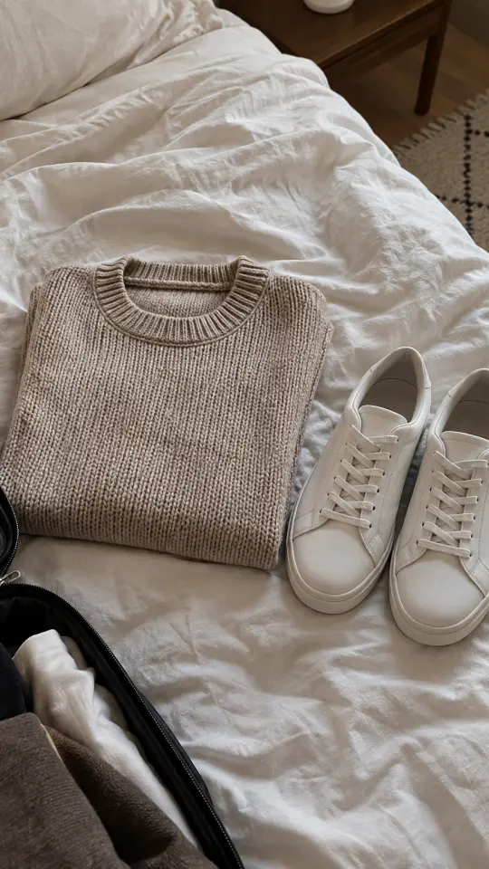 Illustration: a folded knit sweater and sneakers on a bed