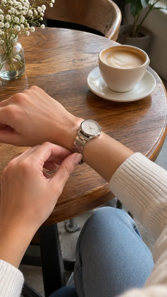 Illustration: hands fastening a silver watch at a cafe table