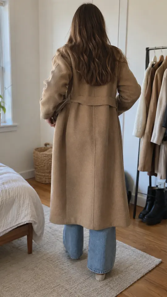Illustration: a person trying on a wool coat, seen from behind