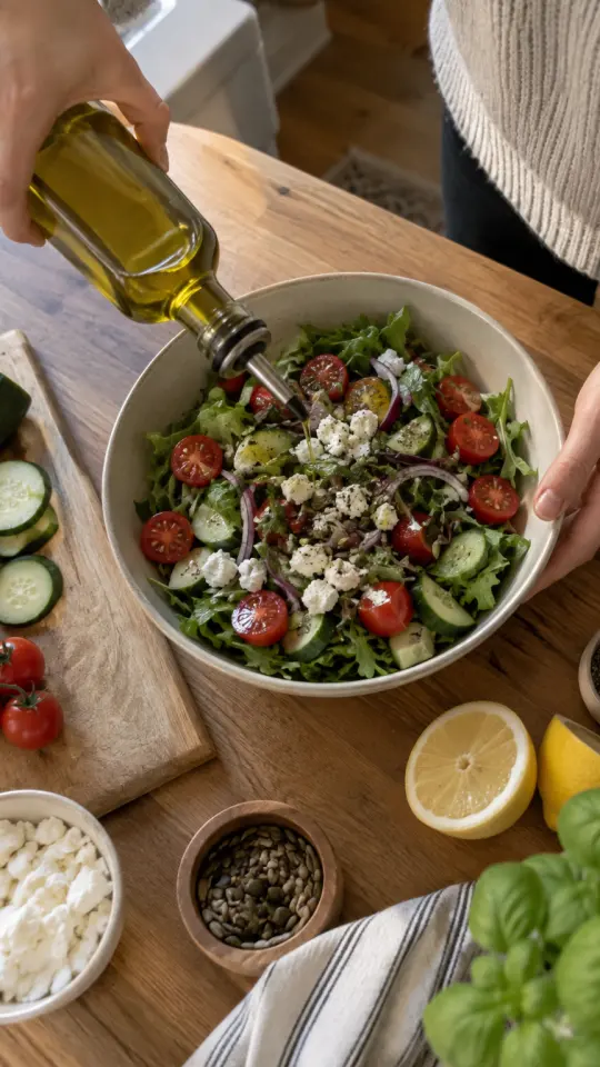 Illustration: olive oil drizzled over a salad