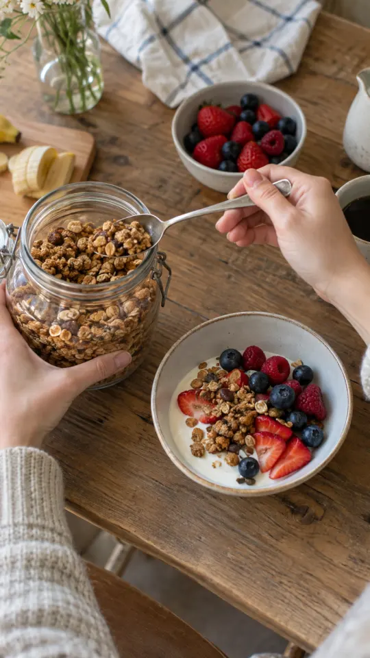 Illustration: a spoon dipped into a jar of granola