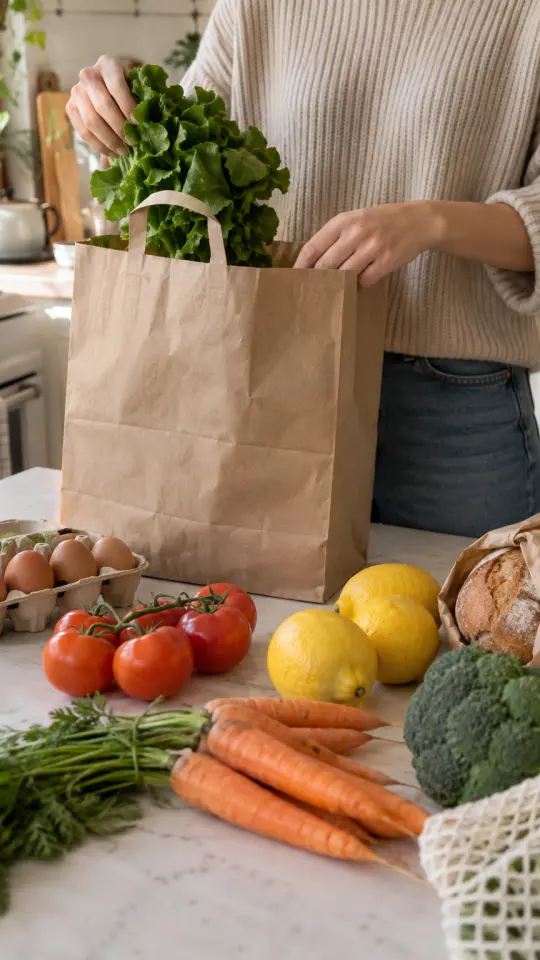 Illustration: groceries unpacked from a paper bag in a bright kitchen
