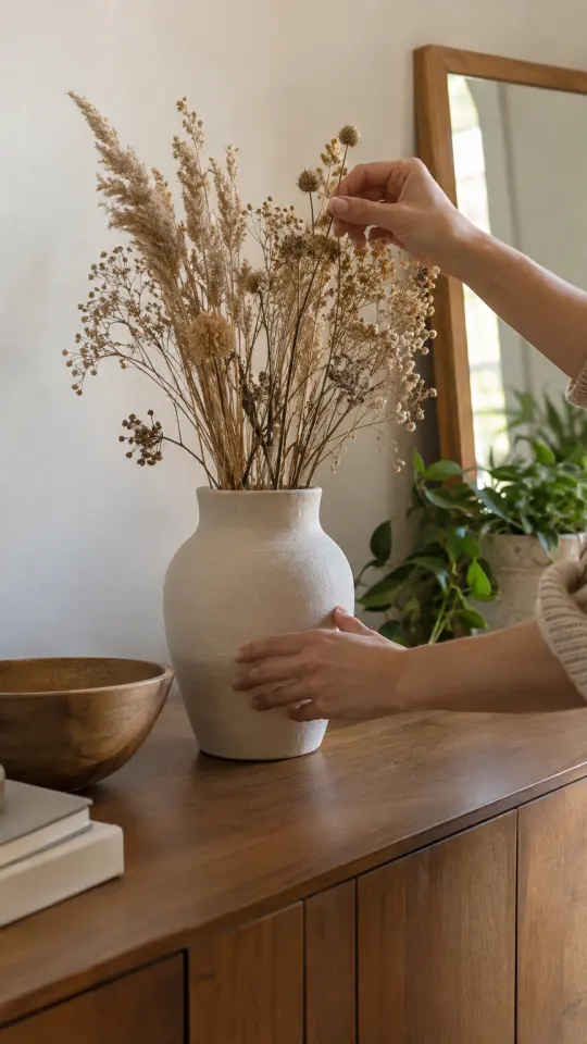 Illustration: hands arranging dried flowers in a ceramic vase