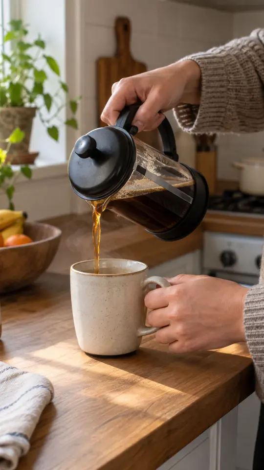 Illustration: coffee poured from a French press in a cozy kitchen