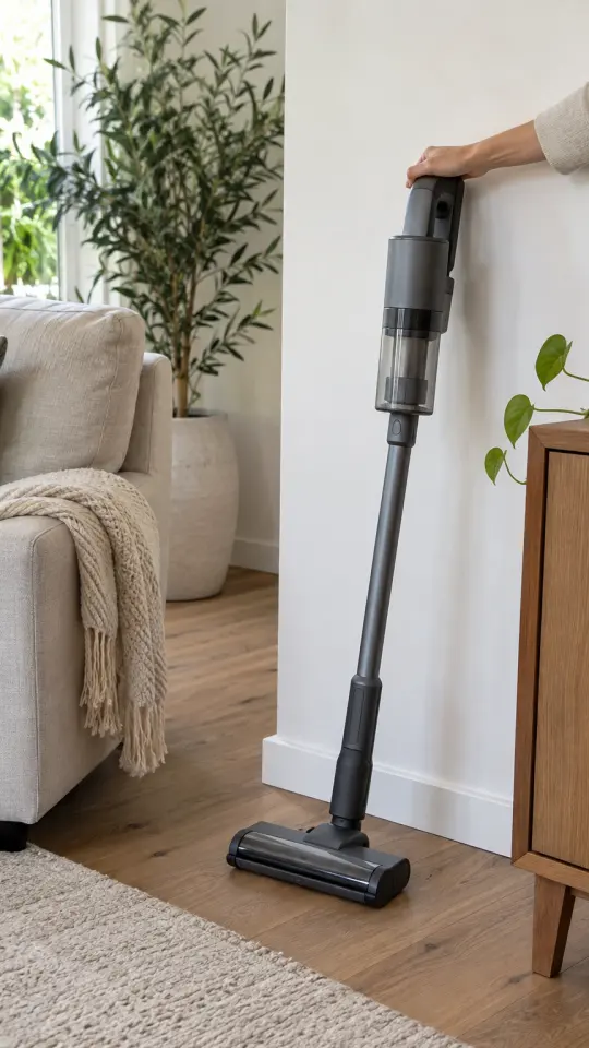 Illustration: a cordless stick vacuum beside a clean rug