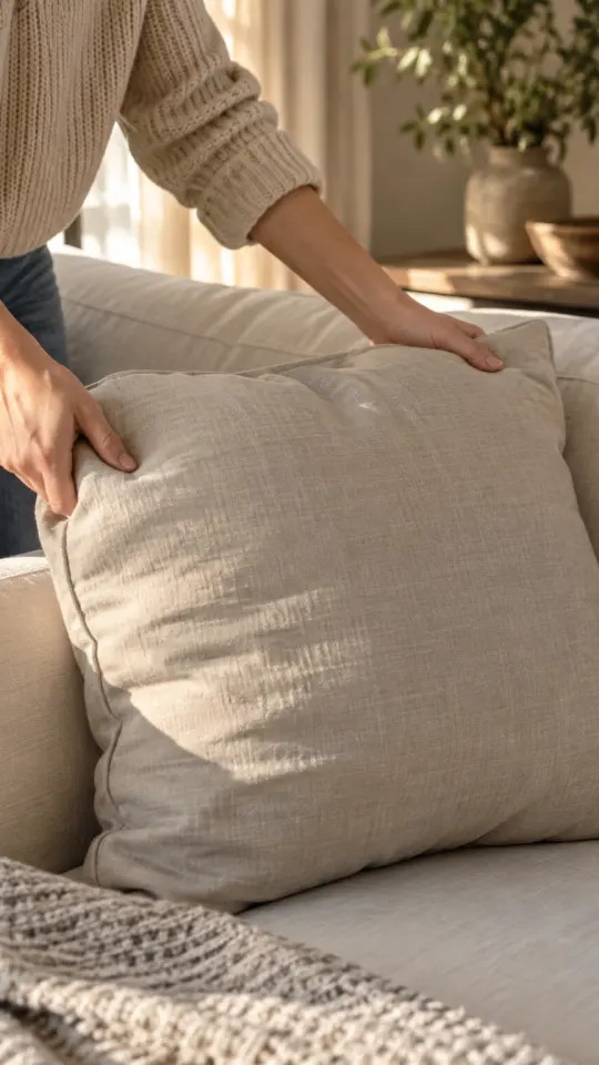 Illustration: hands fluffing a linen pillow on a sofa