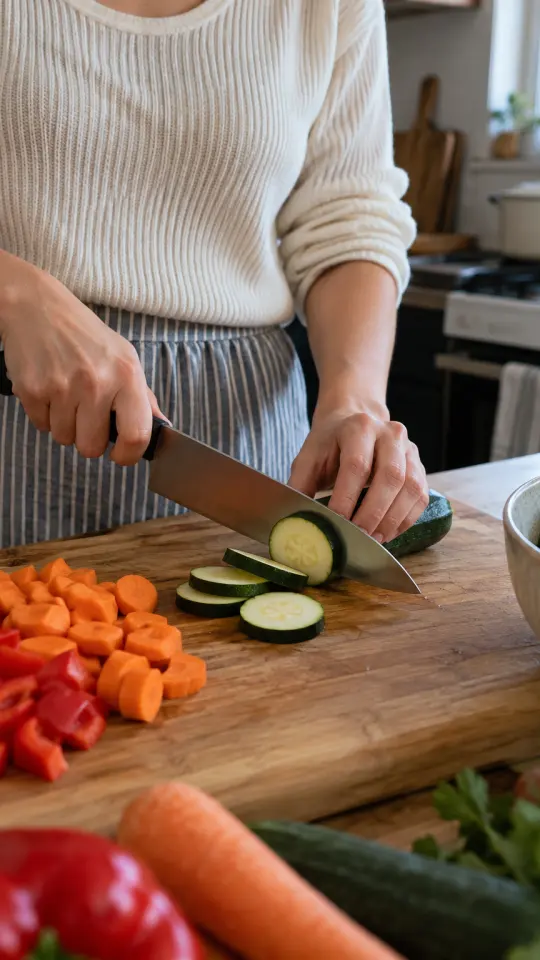 Illustration: vegetables chopped on a wooden board