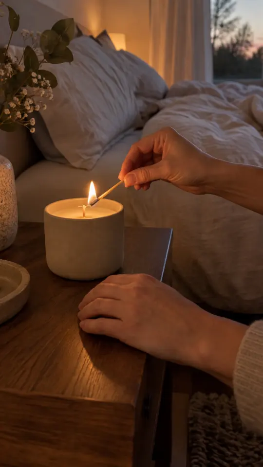 Illustration: hands lighting a candle on a bedside table at dusk