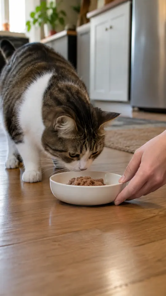 Illustration: a cat sniffing a bowl of wet food