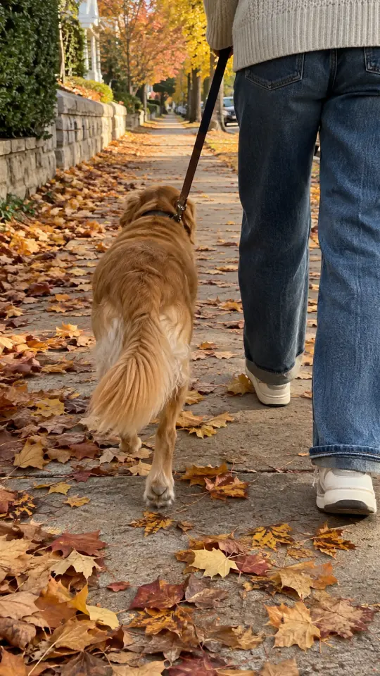 Illustration: a dog on a leash walking an autumn sidewalk, seen from behind