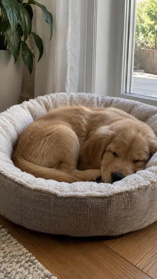 Illustration: a puppy asleep in a round pet bed by a window