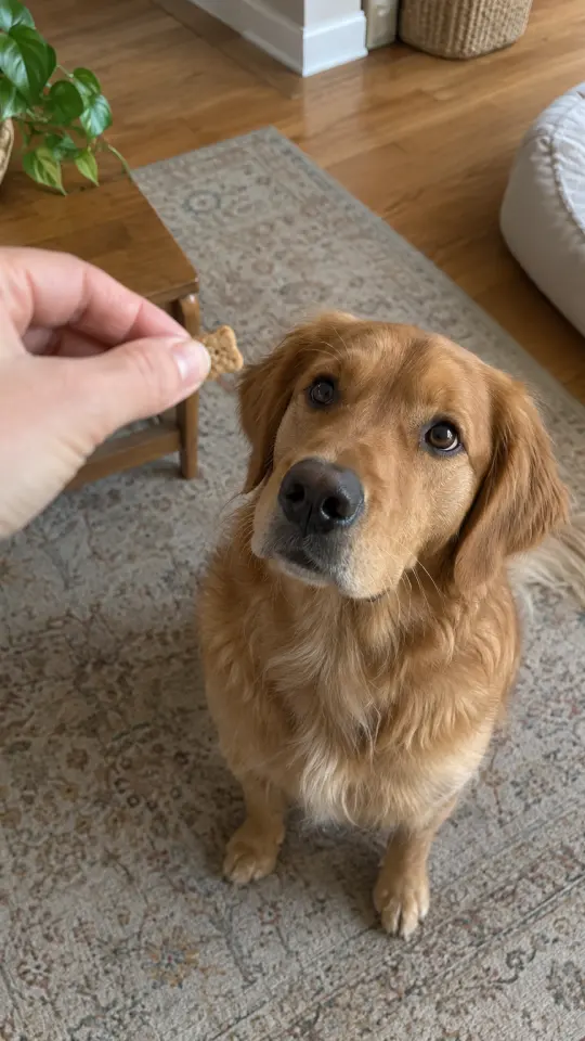 Illustration: a hand offering a treat to a sitting dog