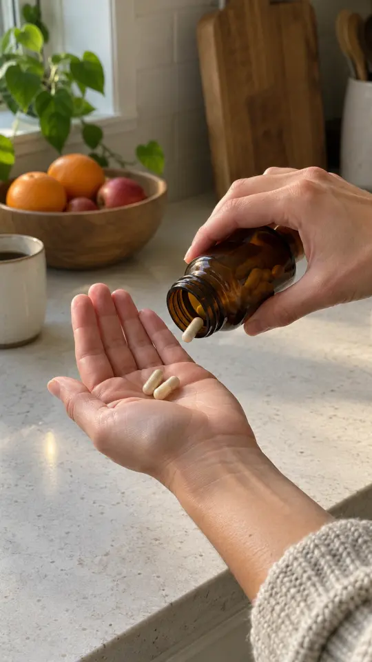 Illustration: capsules shaken from an amber bottle into a palm