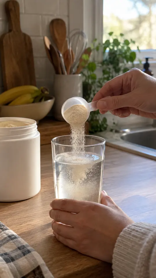 Illustration: a scoop of powder added to a glass of water