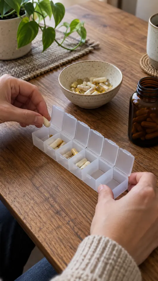 Illustration: hands filling a weekly pill organizer
