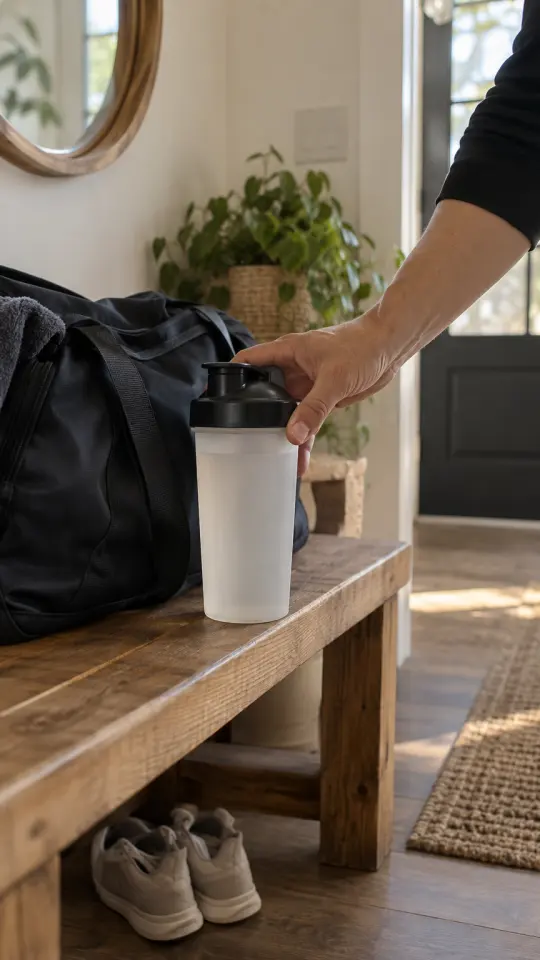 Illustration: a shaker bottle and gym bag on a bench