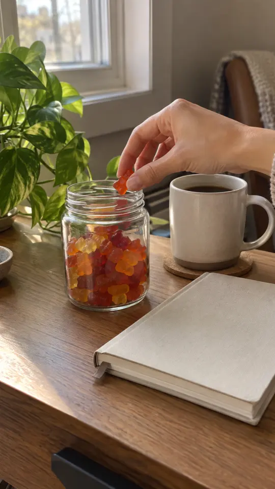 Illustration: a hand taking a gummy from a jar next to a coffee mug