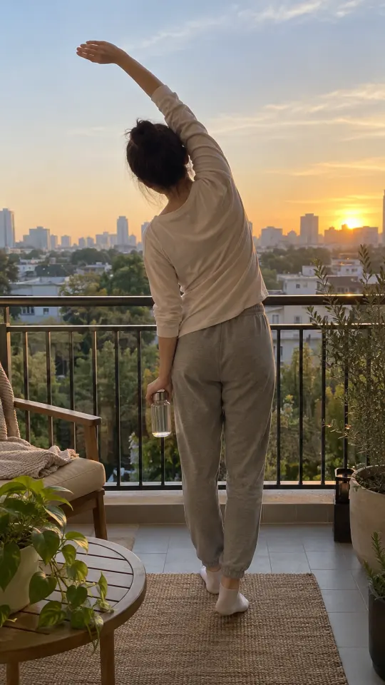 Illustration: a person stretching on a balcony at sunrise, seen from behind